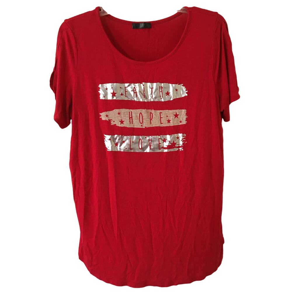 Eva James XL Faith Hope Love Cut Out Sleeve T-shirt Red With Silver Lettering